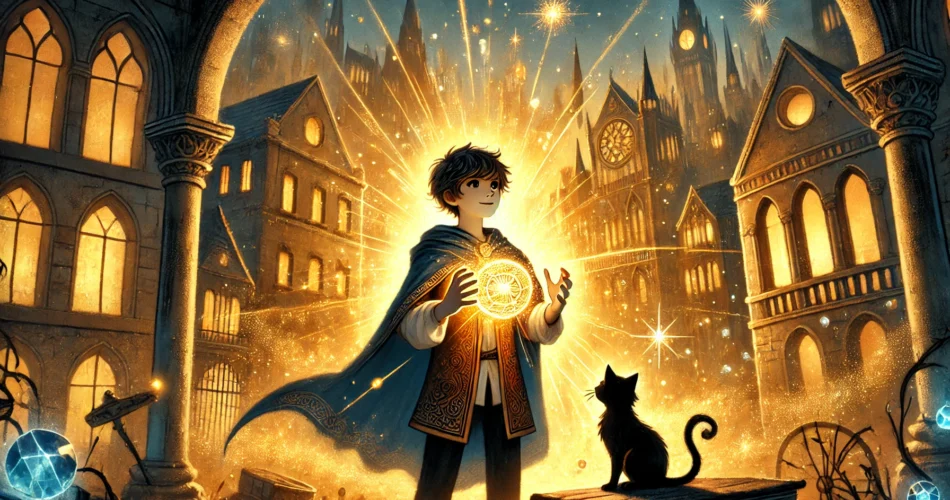 DALL·E 2025 02 02 03.12.19 An illustrated fantasy scene of a young boy standing in a once darkened city that is now glowing with magical golden light. He holds a radiant sunston