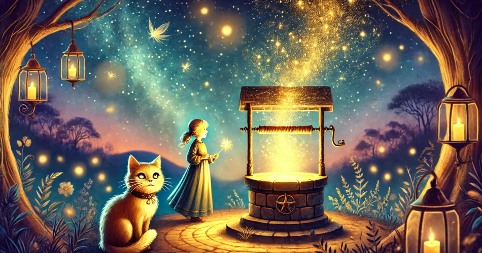 DALL·E 2025 02 02 23.42.49 An illustrated fantasy scene of a young girl standing beside a glowing magical well under a starry night sky. Golden star dust rises from the well il