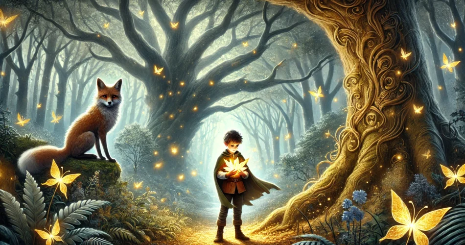DALL·E 2025 02 03 22.27.00 An illustrated fantasy scene of a young boy standing in a magical forest holding a glowing golden leaf in his hands. The ancient trees around him shi