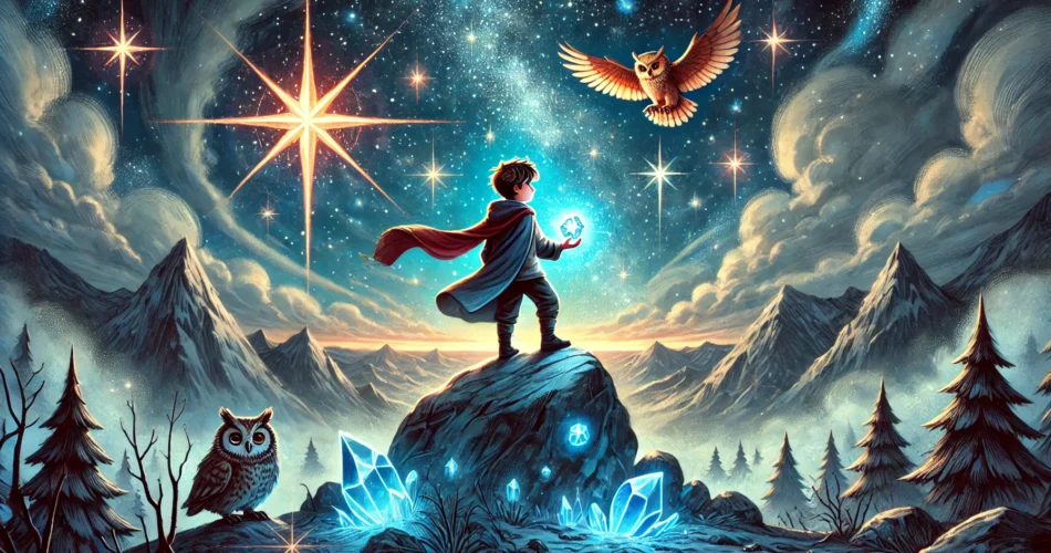 DALL·E 2025 02 05 02.32.24 An illustrated fantasy scene of a young boy standing on a glowing mountaintop holding a radiant celestial stone. The night sky above is filled with s