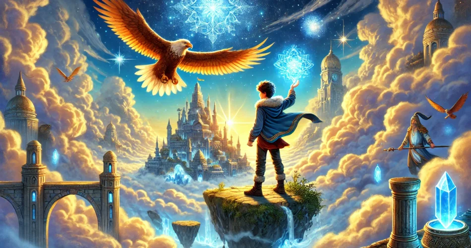 DALL·E 2025 02 05 02.36.03 An illustrated fantasy scene of a young boy standing on a floating sky island holding a glowing blue crystal. The sky around him is filled with lumin