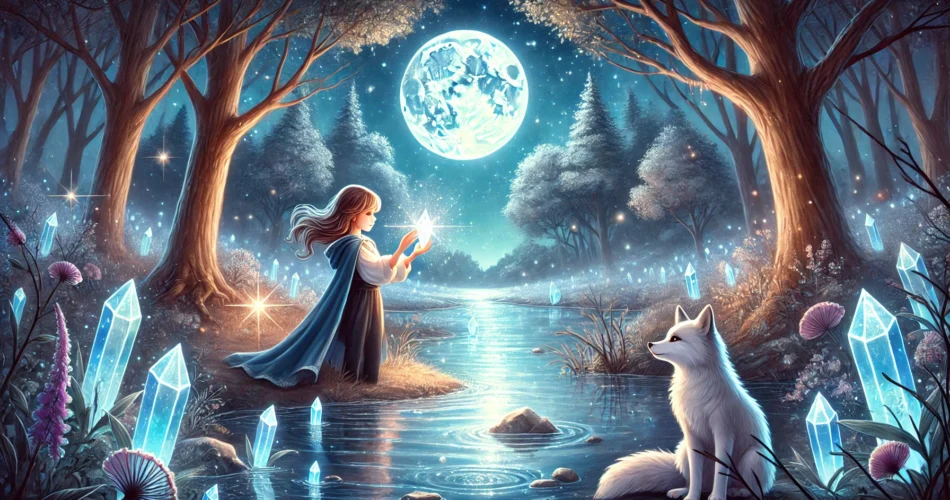 DALL·E 2025 02 06 04.23.52 An illustrated fantasy scene of a young girl standing beside a glowing silver lake under a full moon. She holds a shimmering crystal and as she place