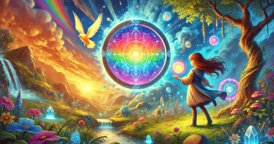 DALL·E 2025 02 06 04.26.53 An illustrated fantasy scene of a young girl standing in a magical landscape where colors are returning to the world. She holds a glowing rainbow colo