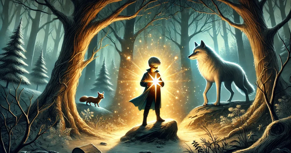 DALL·E 2025 02 06 04.32.36 An illustrated fantasy scene of a young boy standing in a mystical dark forest holding a glowing star shaped stone in his hands. The shadows around h