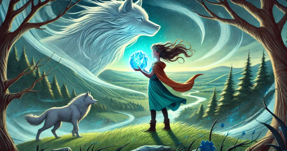 DALL·E 2025 02 06 20.57.28 An illustrated fantasy scene of a young girl standing on a windy hilltop holding a glowing blue stone in her hands. As she lifts it the wind begins