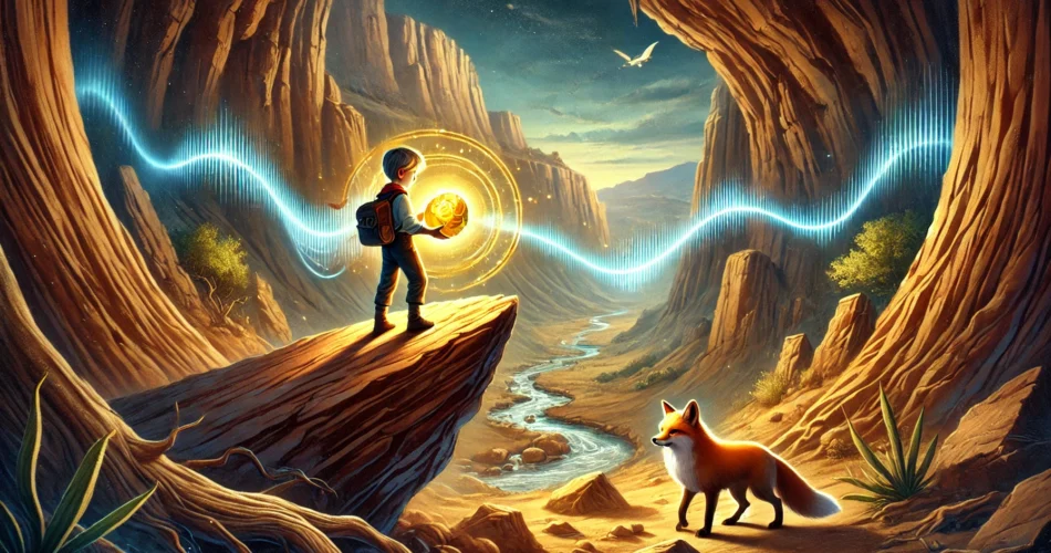 DALL·E 2025 02 06 21.57.12 An illustrated fantasy scene of a young boy standing on the edge of a majestic canyon holding a glowing golden stone. As he places it into the canyon