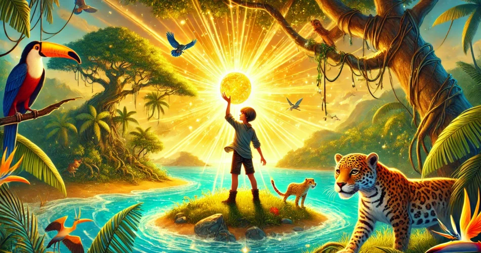 DALL·E 2025 02 06 22.00.34 An illustrated fantasy scene of a young boy standing on a radiant tropical island holding a glowing golden orb. As he lifts it sunlight bursts acros