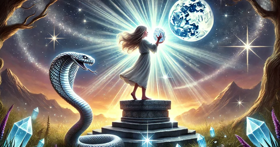 DALL·E 2025 02 06 22.04.25 An illustrated fantasy scene of a young girl standing on a glowing moonlit hilltop holding a shimmering silver stone. As she places it on an ancient