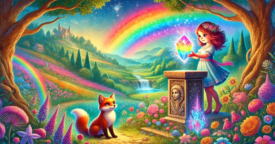 DALL·E 2025 02 08 20.24.43 An illustrated fantasy scene of a young girl standing in a vibrant valley holding a glowing rainbow crystal. As she places it on an ancient pedestal