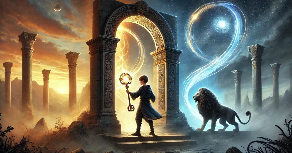 DALL·E 2025 02 08 20.30.00 An illustrated fantasy scene of a young boy standing before an ancient mystical gateway. He holds a glowing golden and silver key and as he inserts