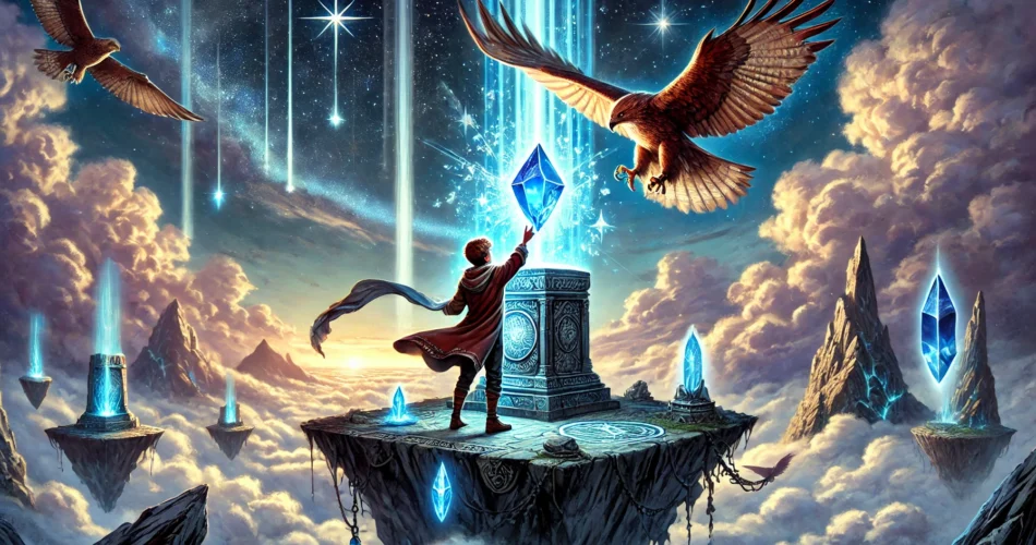 DALL·E 2025 02 10 18.33.24 An illustrated fantasy scene of a young boy standing on a floating island in the sky holding a glowing blue crystal. As he places it into an ancient