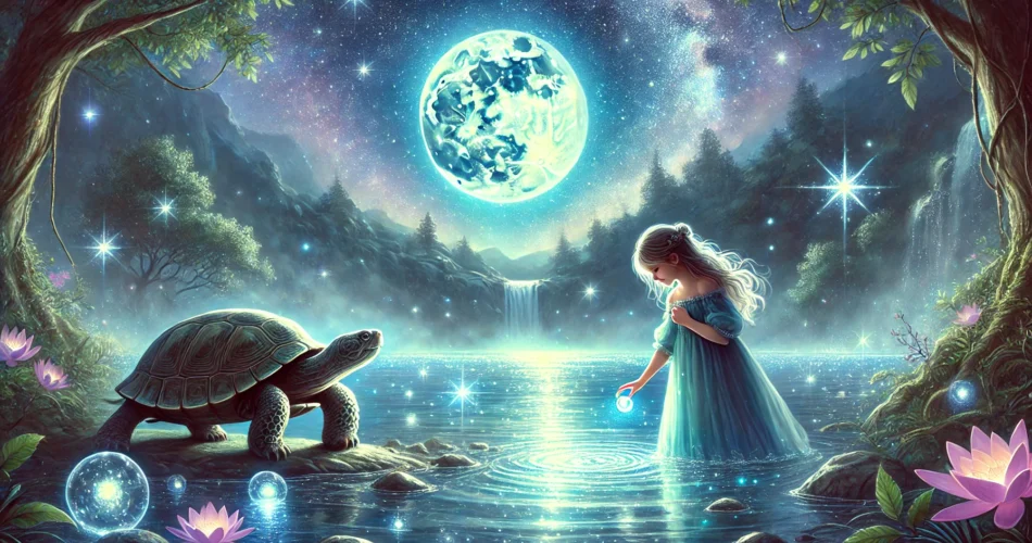DALL·E 2025 02 13 01.04.46 An illustrated fantasy scene of a young girl standing by a mystical glowing lake under a starry night sky. She holds a shimmering pearl and as she ge
