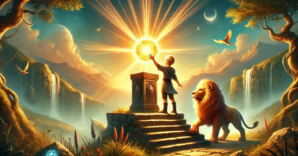 DALL·E 2025 02 14 22.09.18 An illustrated fantasy scene of a young boy standing in a sunlit valley holding a glowing golden orb. As he places it on an ancient pedestal beams o