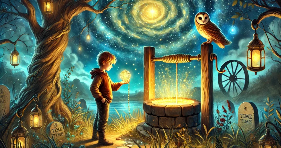 DALL·E 2025 02 14 22.14.28 An illustrated fantasy scene of a young boy standing beside an ancient glowing well under a starry night sky. He holds a shimmering golden time stone