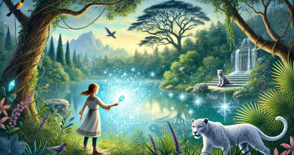 DALL·E 2025 02 21 15.44.06 An illustrated fantasy scene of a young girl standing beside a shimmering enchanted lake holding a glowing crystal key. As she places it into the wat