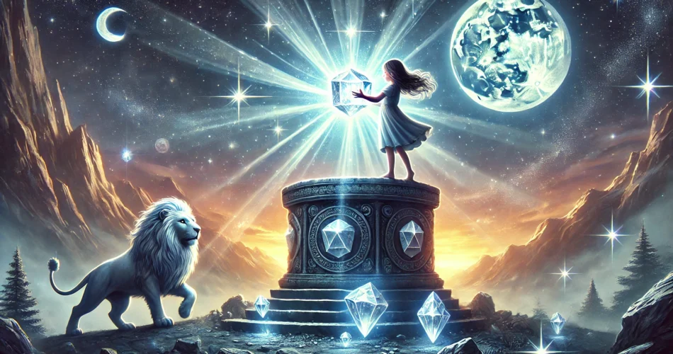DALL·E 2025 02 22 21.18.03 An illustrated fantasy scene of a young girl standing atop a glowing moonlit mountain holding a shimmering silver gemstone. As she places it into an