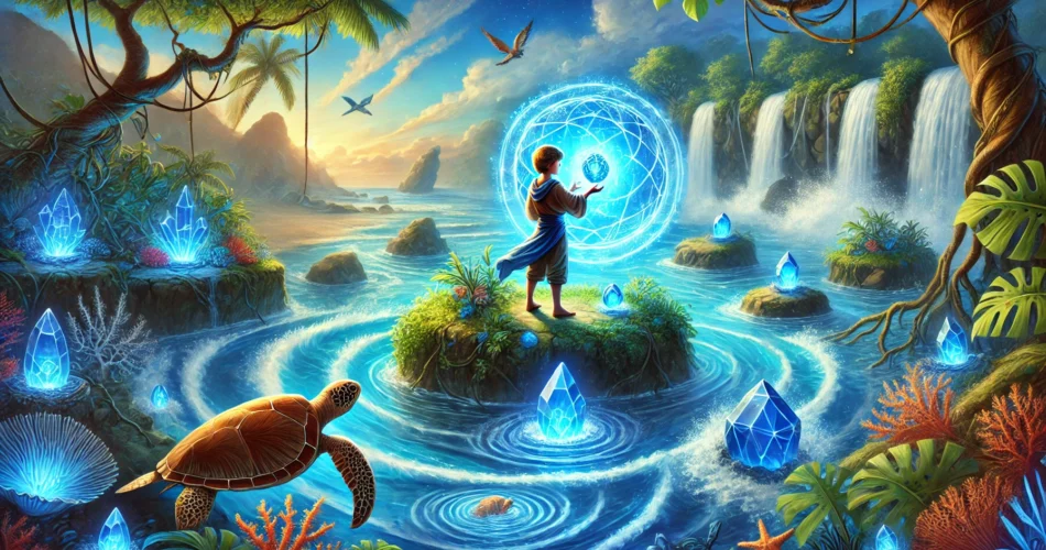 DALL·E 2025 02 22 21.22.42 An illustrated fantasy scene of a young boy standing on a mystical tropical island holding a glowing blue gemstone. As he places it into a sacred wat