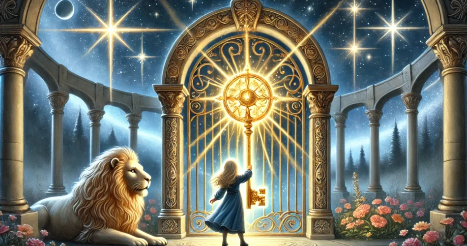 DALL·E 2025 02 26 19.14.01 An illustrated fantasy scene of a young girl standing in front of an ancient celestial gate holding a glowing golden key. As she places it into the l