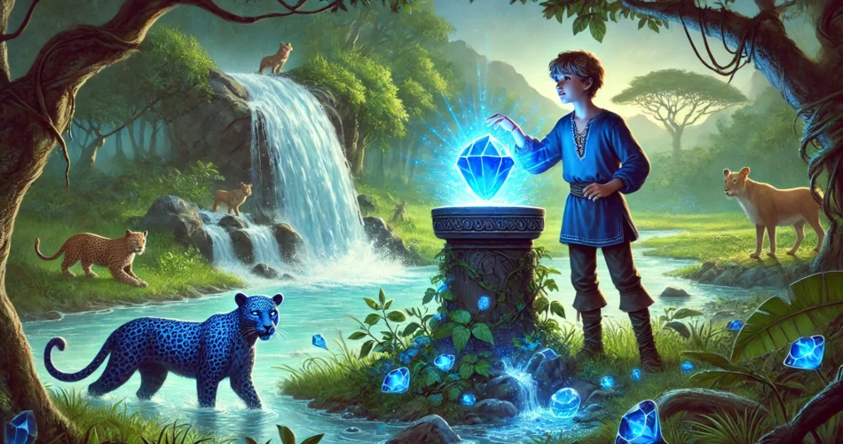 DALL·E 2025 02 26 19.17.01 An illustrated fantasy scene of a young boy standing beside a dried riverbed holding a glowing blue gemstone. As he places it into an ancient stone p