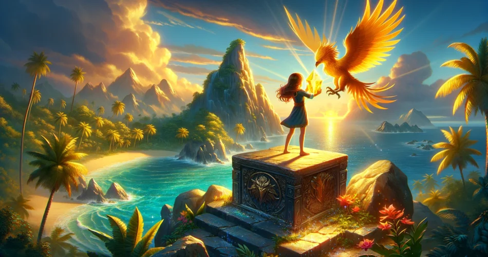 DALL·E 2025 02 27 22.04.34 An illustrated fantasy scene of a young girl standing on a radiant tropical island peak holding a glowing golden crystal. As she places it onto an an