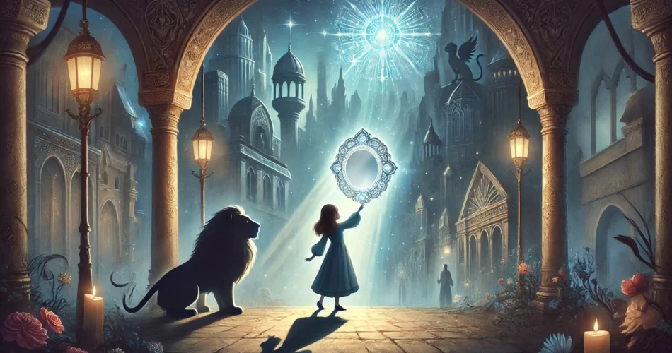 DALL·E 2025 02 27 22.15.27 An illustrated fantasy scene of a young girl standing in the heart of a mystical shadow city holding a glowing silver mirror. As she raises it beams
