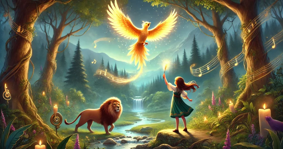 DALL·E 2025 02 28 23.08.13 An illustrated fantasy scene of a young girl standing in a lush enchanted valley holding a glowing golden feather. As she raises it to the sky a ma