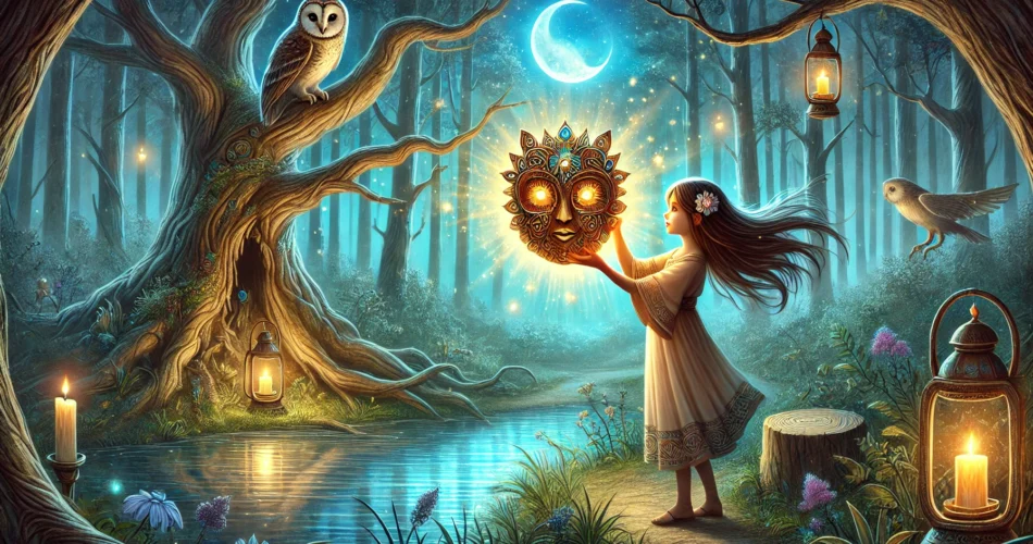 DALL·E 2025 02 28 23.14.30 An illustrated fantasy scene of a young girl standing beside a mystical forest lake holding an ancient glowing mask. As she lifts it the silent fore