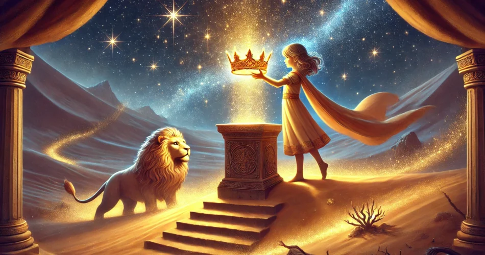 DALL·E 2025 02 28 23.16.55 An illustrated fantasy scene of a young girl standing in a vast glowing desert holding a radiant golden crown. As she places it atop an ancient stone