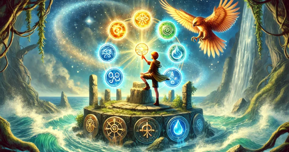 DALL·E 2025 03 01 23.16.05 An illustrated fantasy scene of a young boy standing in the heart of a mystical island holding seven glowing elemental keys. As he places them into a