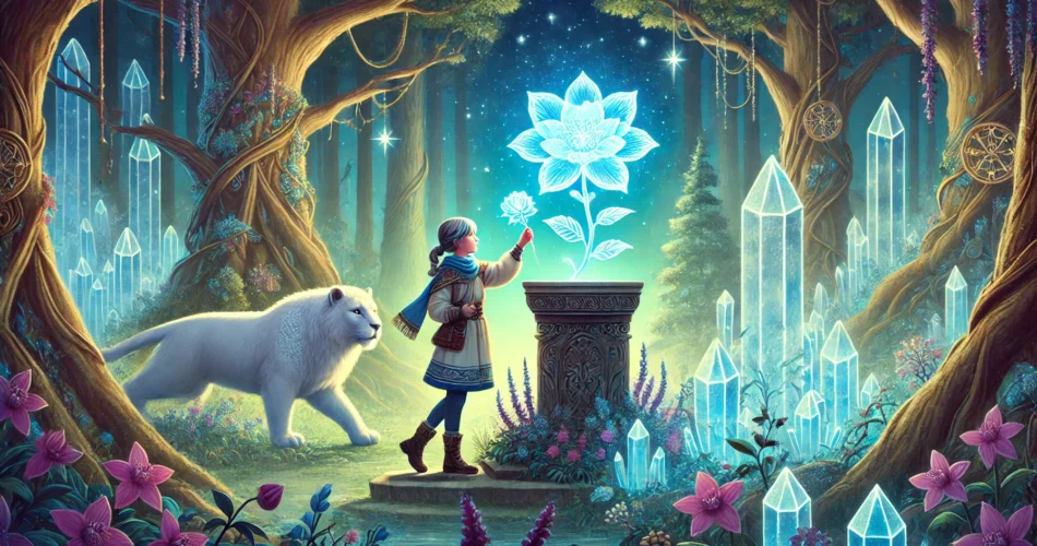 DALL·E 2025 03 01 23.19.17 An illustrated fantasy scene of a young girl standing in an enchanted crystal forest holding a glowing blue flower. As she places it onto an ancient