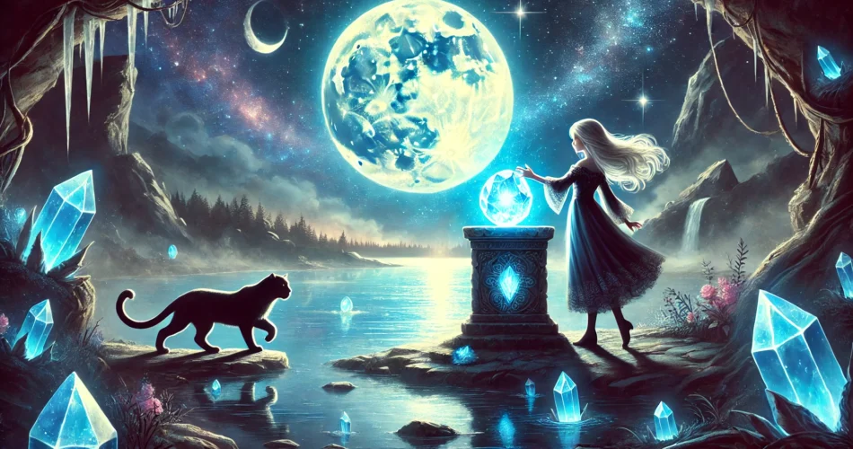 DALL·E 2025 03 03 20.47.40 An illustrated fantasy scene of a young girl standing beside a mystical glowing lake under a full moon holding a radiant blue crystal. As she places