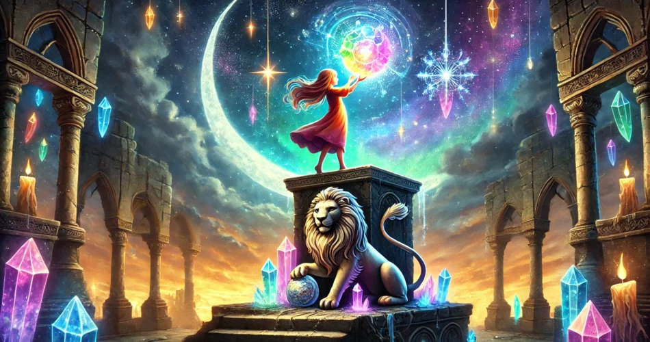 DALL·E 2025 03 03 20.50.34 An illustrated fantasy scene of a young girl standing atop a mystical tower holding a glowing multicolored crystal. As she places it onto an ancient