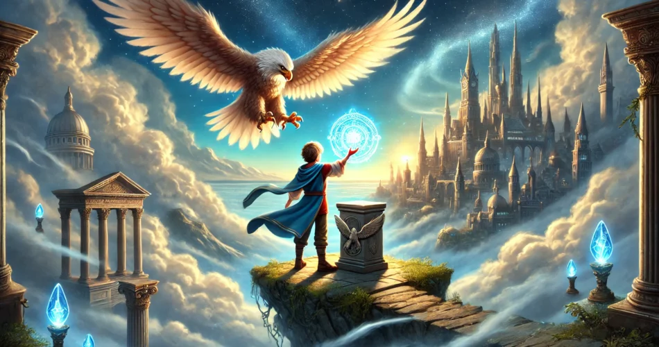 DALL·E 2025 03 04 22.55.22 An illustrated fantasy scene of a young boy standing on a floating island in the sky holding a glowing wing shaped talisman. As he places it onto an