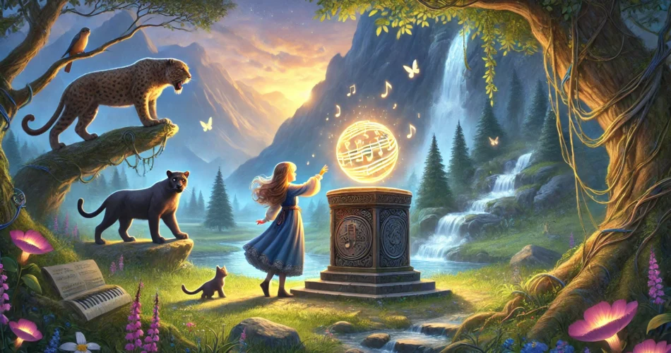 DALL·E 2025 03 04 22.58.25 An illustrated fantasy scene of a young girl standing in a mystical valley holding a glowing music stone. As she places it onto an ancient pedestal