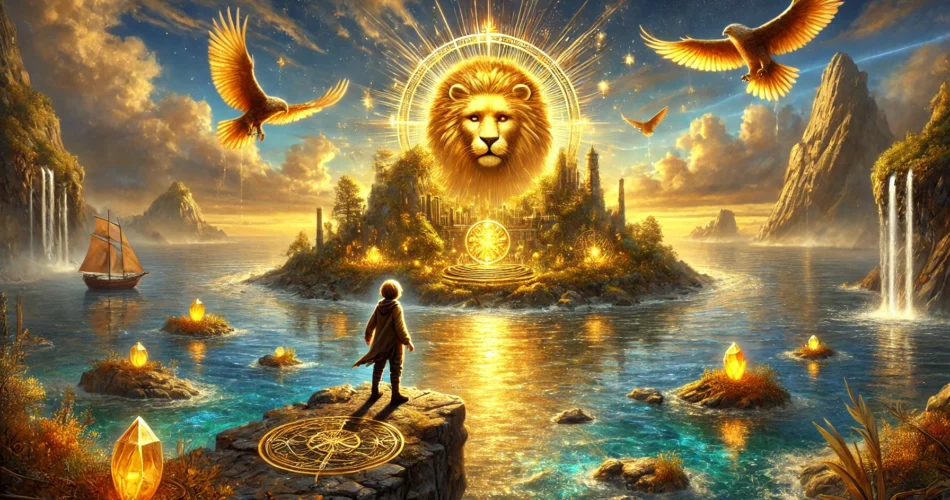 DALL·E 2025 03 04 23.09.48 An enchanting island in the middle of a vast ocean known as the Golden Light Island glowing under the first morning sunrays. A young boy named Ruzga